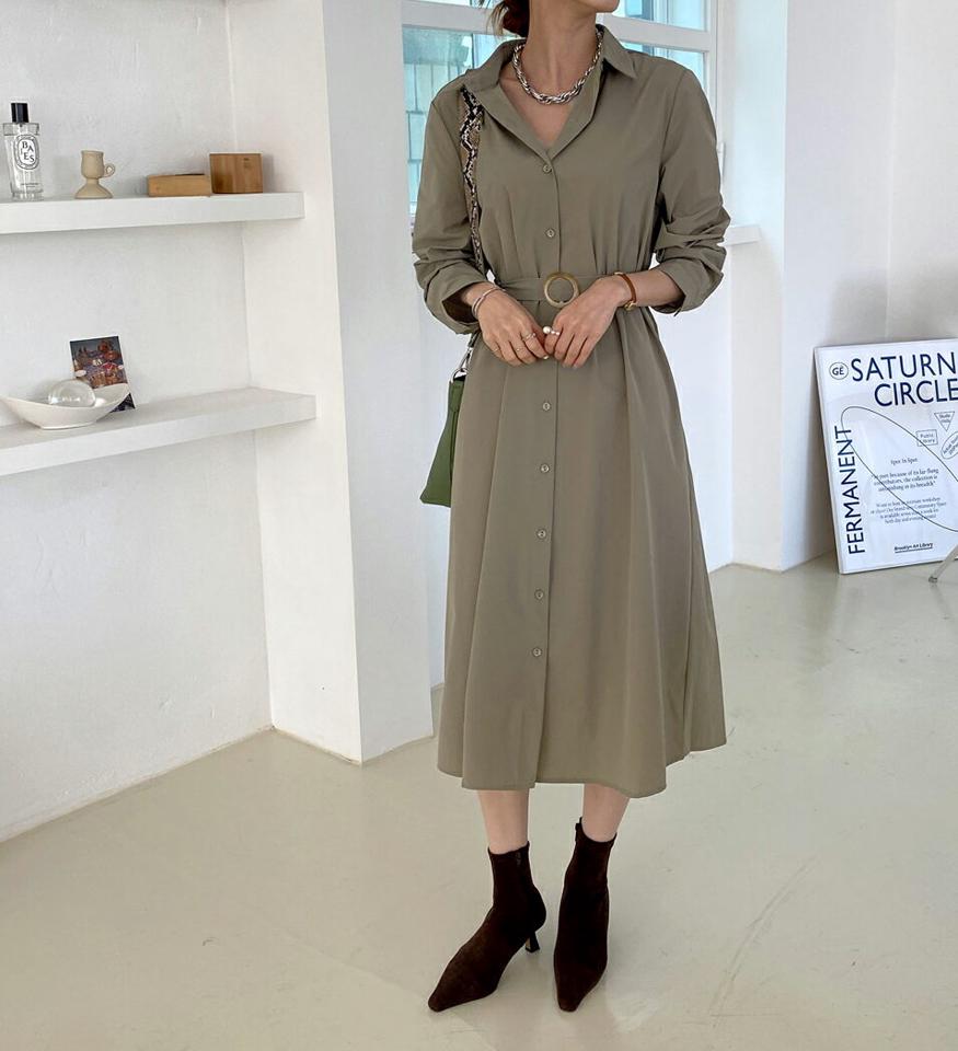 ベルト付カラーネックワンピース・全2色・b70028 レディース 【ops】ワンピース ミディ丈 ミディワンピース 長袖 ベルト シャツワンピース 単色 無地 シンプル 大人 春 秋 韓国ファッション ハイホリHIHOLLI