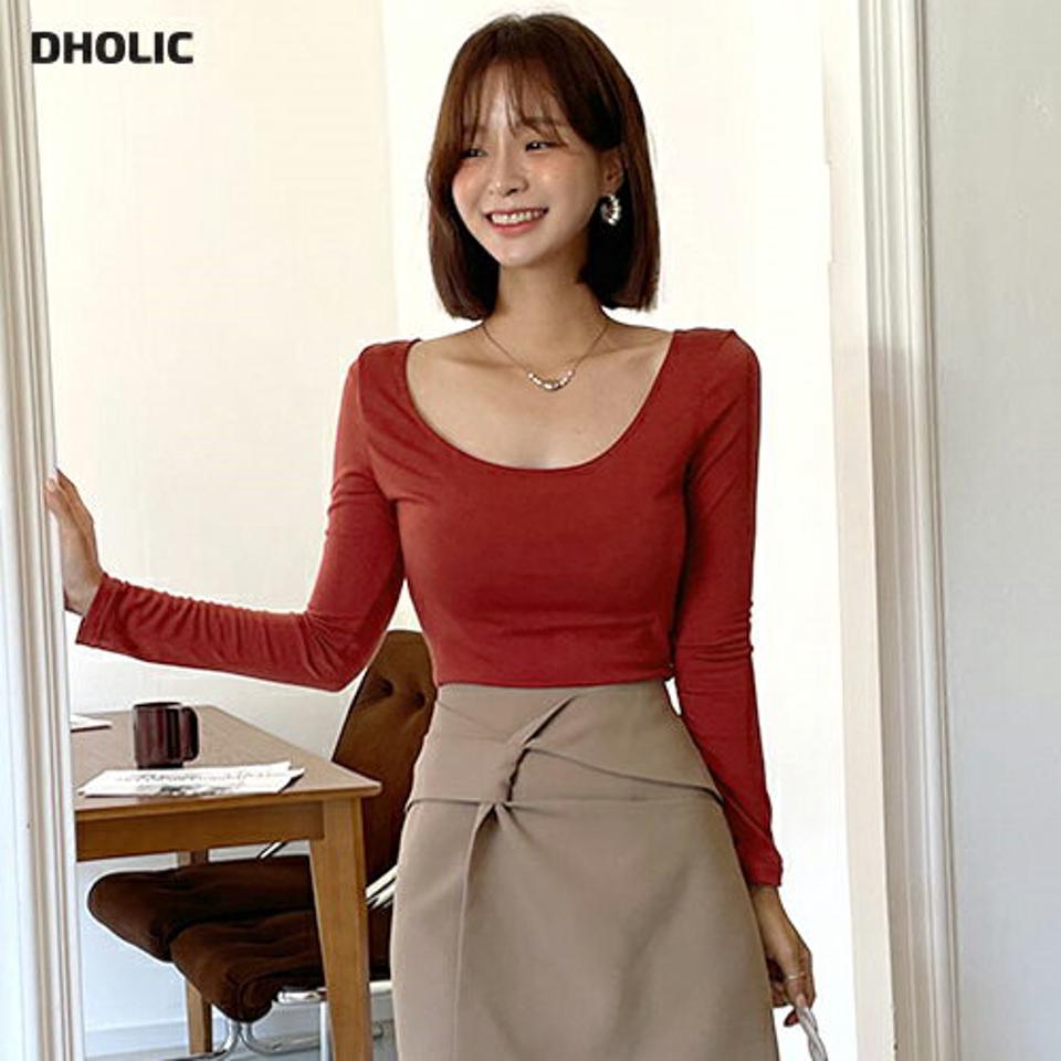 Uネック長袖Tシャツ・全5色・b65892 レディース 【tops】韓国ファッション トップス Tシャツ 長袖 Uネック レーヨン 伸縮性 スリム カジュアル シンプル ガーリー デイリー 細身 フェミニン 無地 薄手 秋 春223
