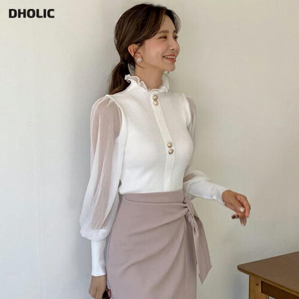 シアーポイントハーフネックニット・全4色・b65894 レディース 【tops】韓国ファッション トップス ニット 大人 長袖 ハーフネック シアー ボタン スリム シンプル リブ カジュアル ルーズ 体型カバー 細身 フェミニン 上品 秋 春