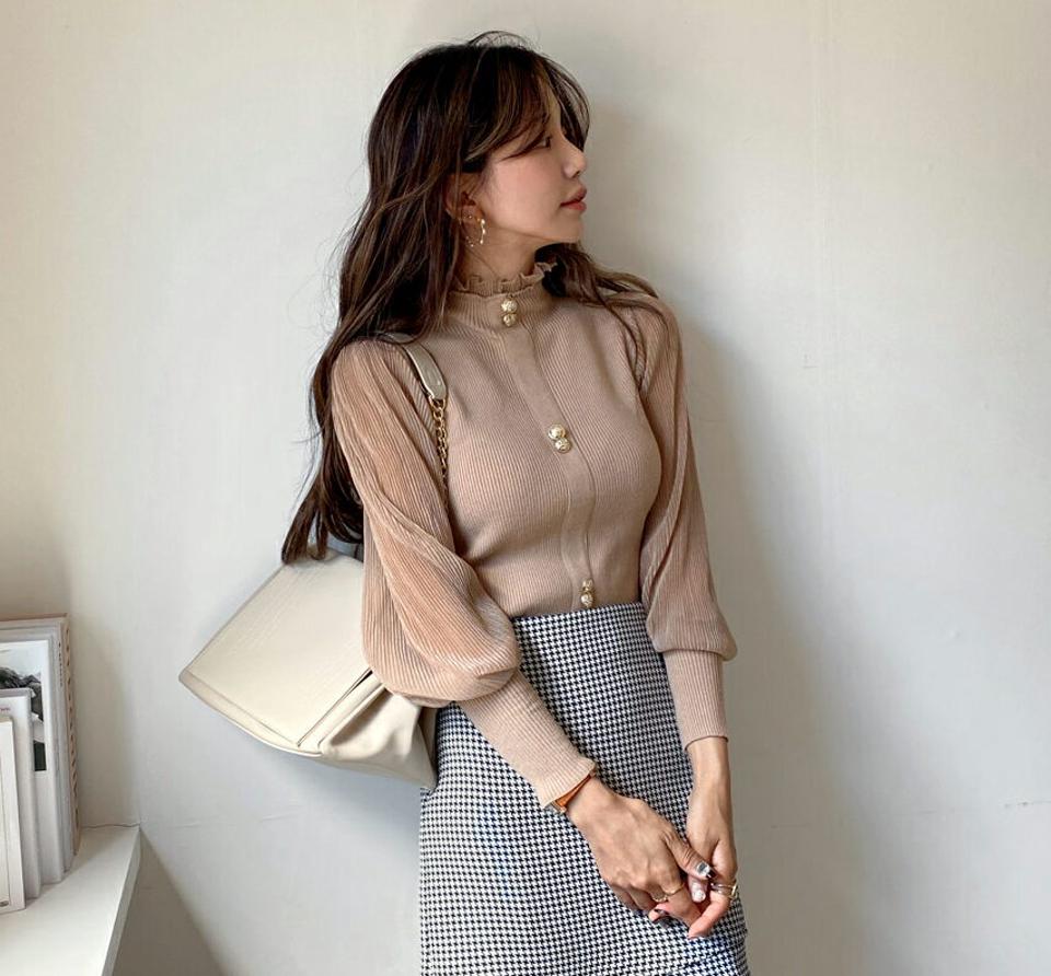 シアーポイントハーフネックニット・全4色・b65894 レディース 【tops】韓国ファッション トップス ニット 大人 長袖 ハーフネック シアー ボタン スリム シンプル リブ カジュアル ルーズ 体型カバー 細身 フェミニン 上品 秋 春