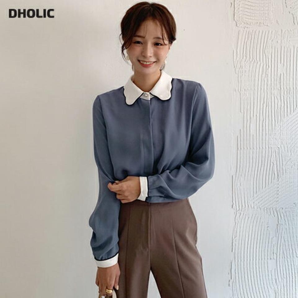 配色ウェーブカラーブラウス・全4色・t65899 レディース 【bl】韓国ファッション トップス ブラウス 長袖 大人 配色 カラーアイテム ウェーブ 襟コン カラーネック ボタン パール調 メリハリ 上品 シンプル フェミニン カジュアル オフィス 秋 春