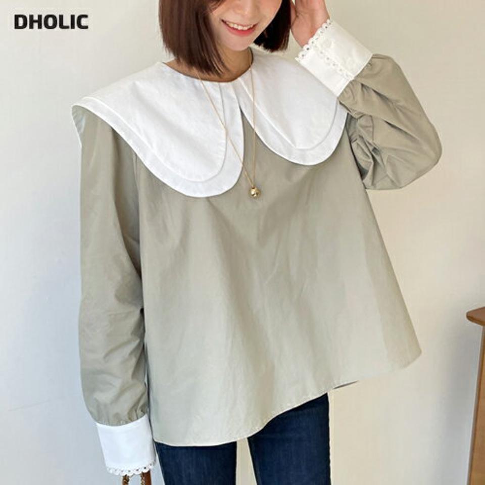 配色ビッグカラーブラウス・全2色・t65900 レディース 【bl】韓国ファッション トップス ブラウス 長袖 大人 配色 ビッグカラー ボタン カフス レース ルーズ 上品 シンプル フェミニン カジュアル 体型カバー 秋 春