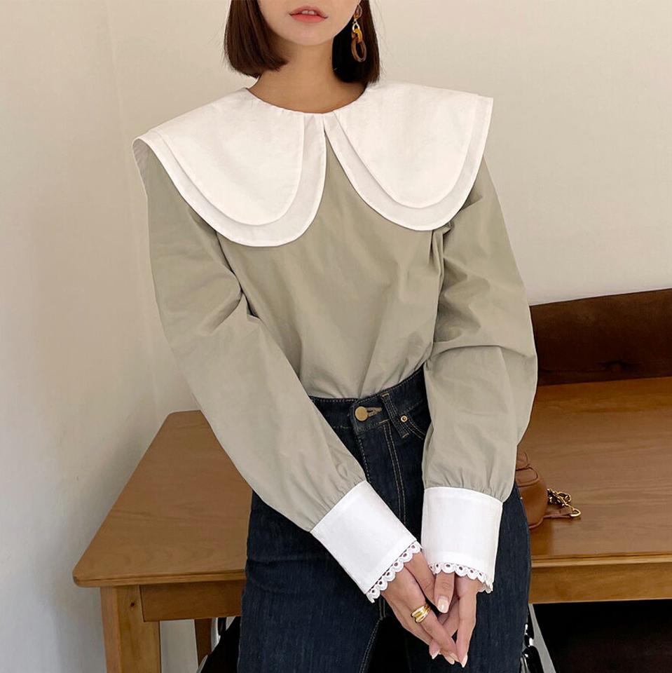 配色ビッグカラーブラウス・全2色・t65900 レディース 【bl】韓国ファッション トップス ブラウス 長袖 大人 配色 ビッグカラー ボタン カフス レース ルーズ 上品 シンプル フェミニン カジュアル 体型カバー 秋 春