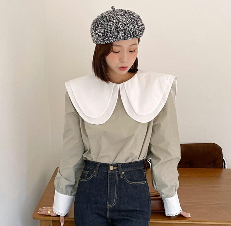 配色ビッグカラーブラウス・全2色・t65900 レディース 【bl】韓国ファッション トップス ブラウス 長袖 大人 配色 ビッグカラー ボタン カフス レース ルーズ 上品 シンプル フェミニン カジュアル 体型カバー 秋 春