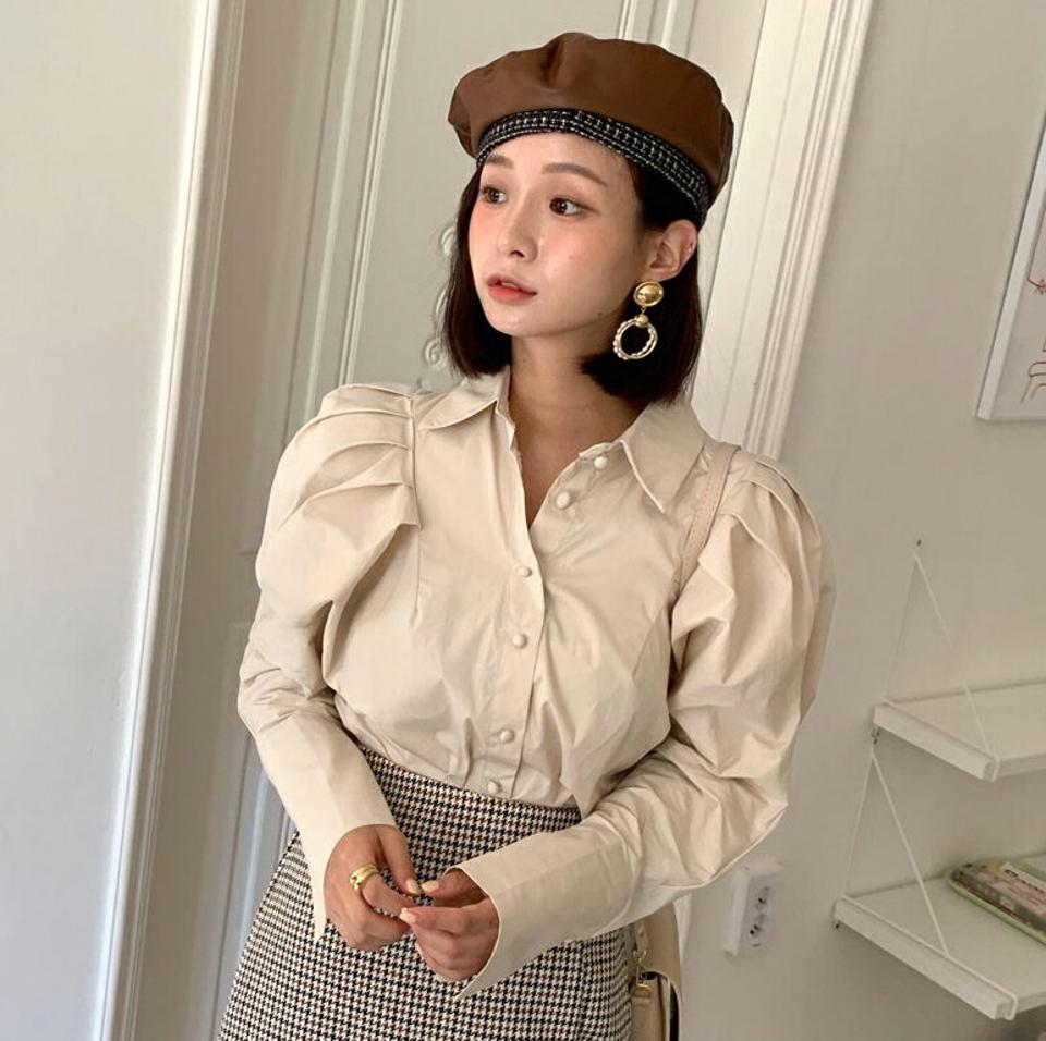 タックパフロングカフスシャツブラウス・全4色・t65901 レディース 【bl】韓国ファッション トップス ブラウス 長袖 大人 カラーネック タック パフロング カフス パフスリーブ シャツ シャツブラウス 上品 シンプル フェミニン 体型カバー 秋 春