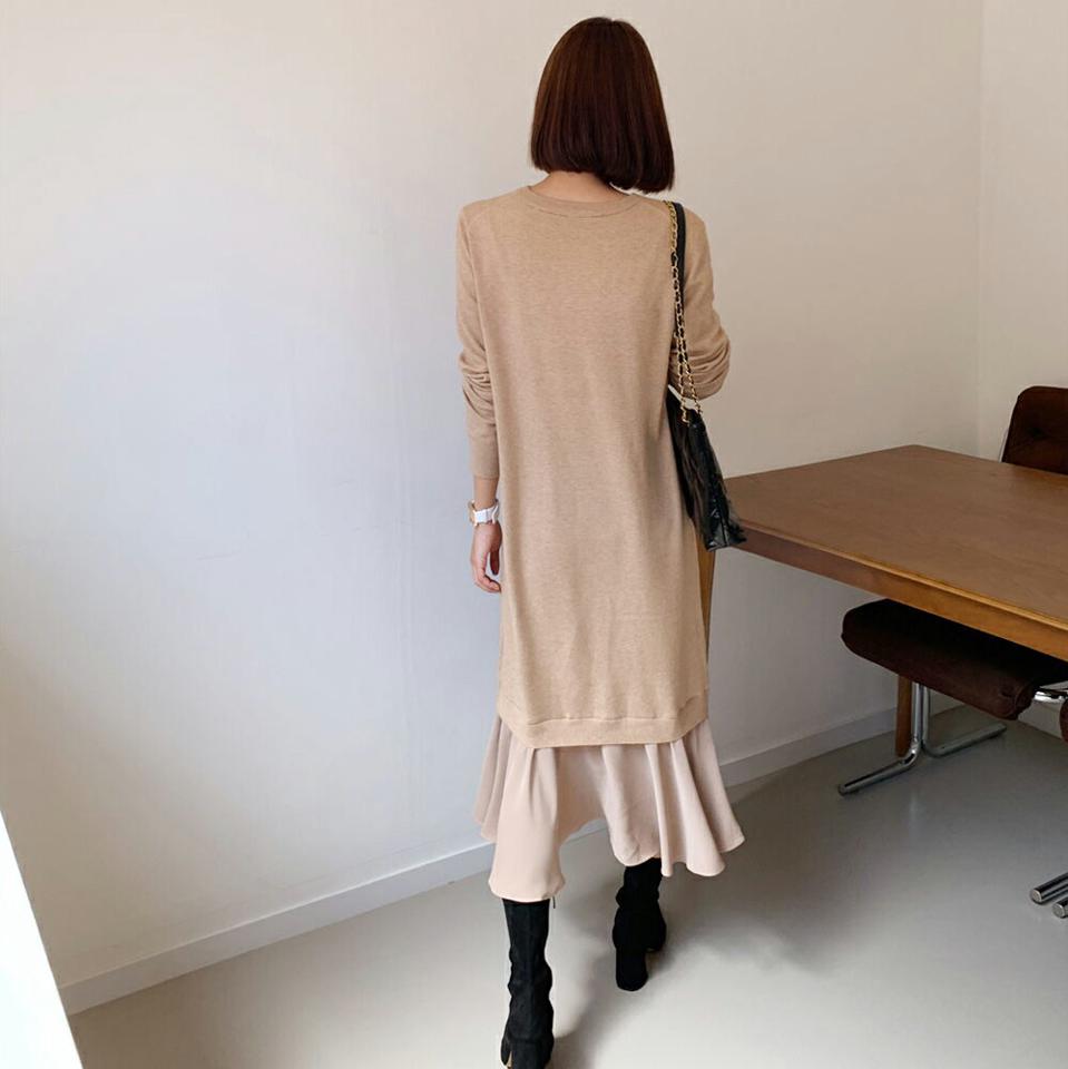 フレアヘムニットワンピース・全3色・b65916 レディース 【ops】韓国ファッション ワンピース ロング ロングワンピース 大人 ラウンドネック フレアヘム ニットワンピース ロング丈 長袖 ガーリー シンプル フェミニン 体型カバー 秋 春