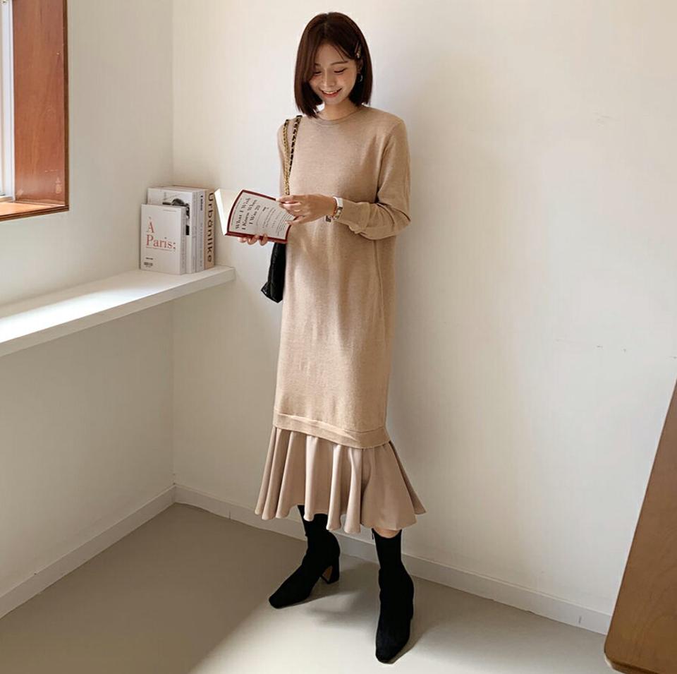 フレアヘムニットワンピース・全3色・b65916 レディース 【ops】韓国ファッション ワンピース ロング ロングワンピース 大人 ラウンドネック フレアヘム ニットワンピース ロング丈 長袖 ガーリー シンプル フェミニン 体型カバー 秋 春