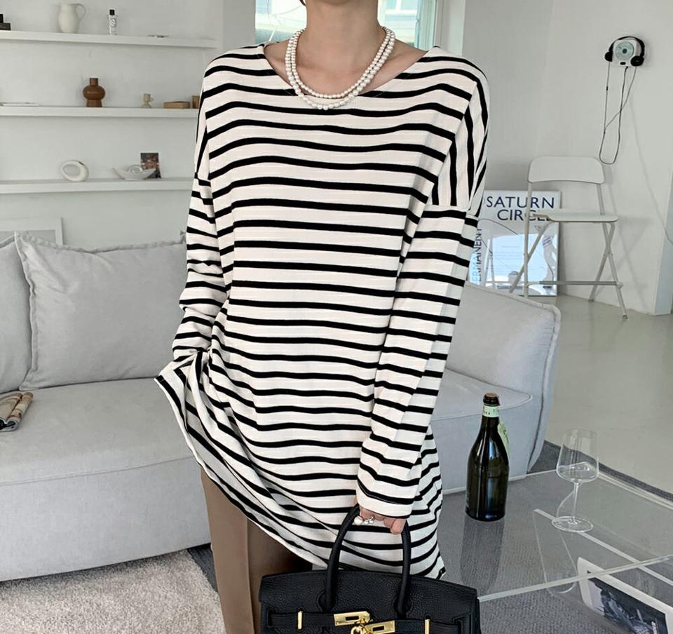 ボーダーアンバランスTシャツ・全3色・t70006 レディース 【tops】トップス Tシャツ 長袖 ボーダー柄 ボーダーT アンバランス カジュアル ラフ 体型カバー チュニック インしない 春 秋 骨格ナチュラル フレンチ 韓国ファッション ハイホリHIHOLLI