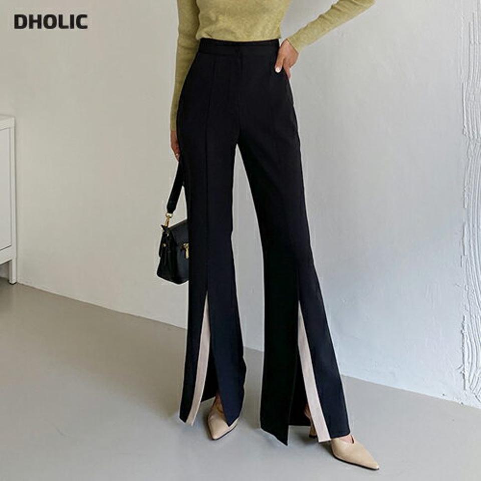 配色スリットスラックスパンツ・全3色・t65911 レディース 【pt】韓国ファッション ボトムス ロング ロングパンツ スラックスパンツ スラックス 配色 スリット ハイウエスト 体型カバー ポケット カジュアル デイリー 足長 美脚 フェミニン 秋 春