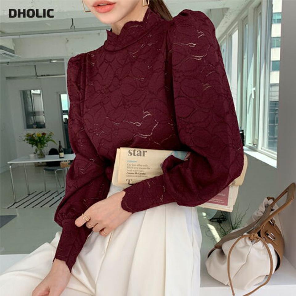 即日配送【只今30%OFF】ハーフネックレースブラウス・全6色・t70011 レディース 【bl】トップス ブラウス 長袖 ハーフネック ハイネック レース 総レース フェミニン 上品 大人 スカラップ 春 秋 韓国ファッション ハイホリHIHOLLI