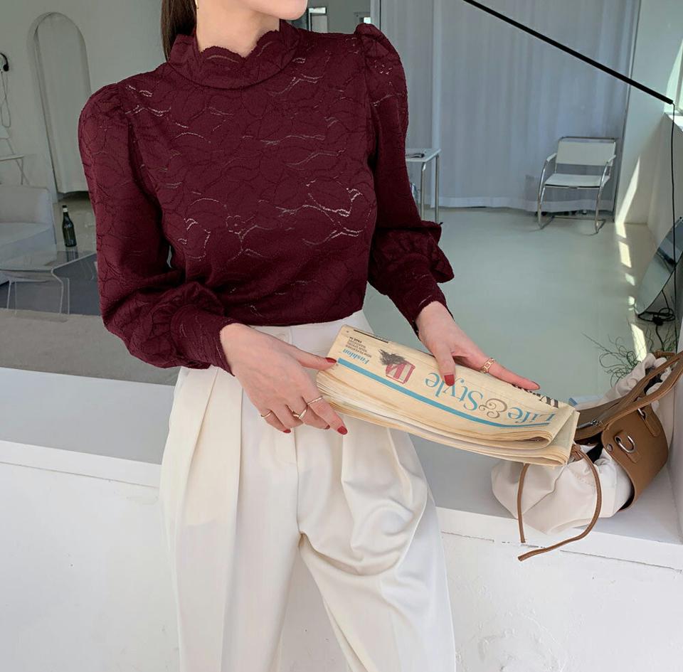 即日配送【只今30%OFF】ハーフネックレースブラウス・全6色・t70011 レディース 【bl】トップス ブラウス 長袖 ハーフネック ハイネック レース 総レース フェミニン 上品 大人 スカラップ 春 秋 韓国ファッション ハイホリHIHOLLI