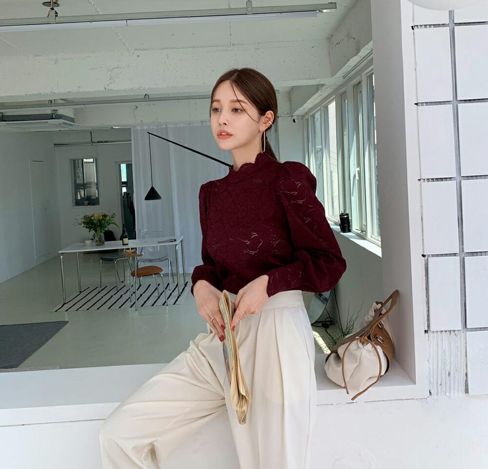 即日配送【只今30%OFF】ハーフネックレースブラウス・全6色・t70011 レディース 【bl】トップス ブラウス 長袖 ハーフネック ハイネック レース 総レース フェミニン 上品 大人 スカラップ 春 秋 韓国ファッション ハイホリHIHOLLI