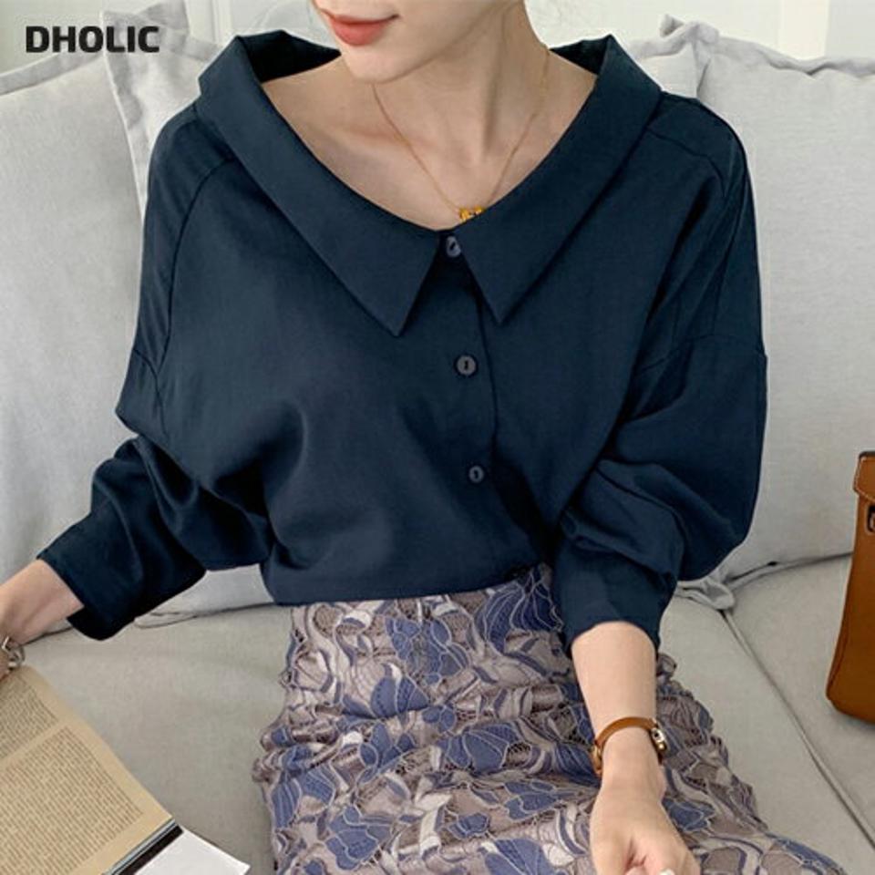 カラーネックボタンシャツブラウス・全3色・t70013 レディース 【bl】トップス ブラウス 長袖 デコルテ 鎖骨 単色 無地 大人 春 秋 韓国ファッション ハイホリHIHOLLI