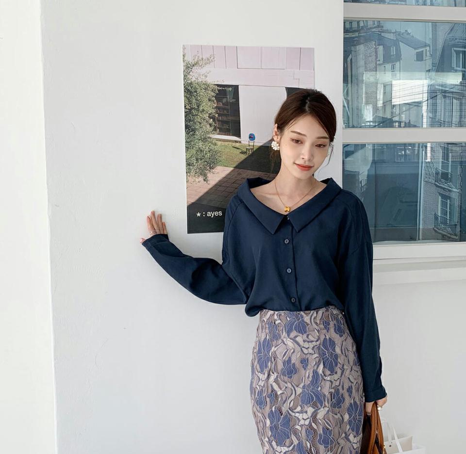 カラーネックボタンシャツブラウス・全3色・t70013 レディース 【bl】トップス ブラウス 長袖 デコルテ 鎖骨 単色 無地 大人 春 秋 韓国ファッション ハイホリHIHOLLI