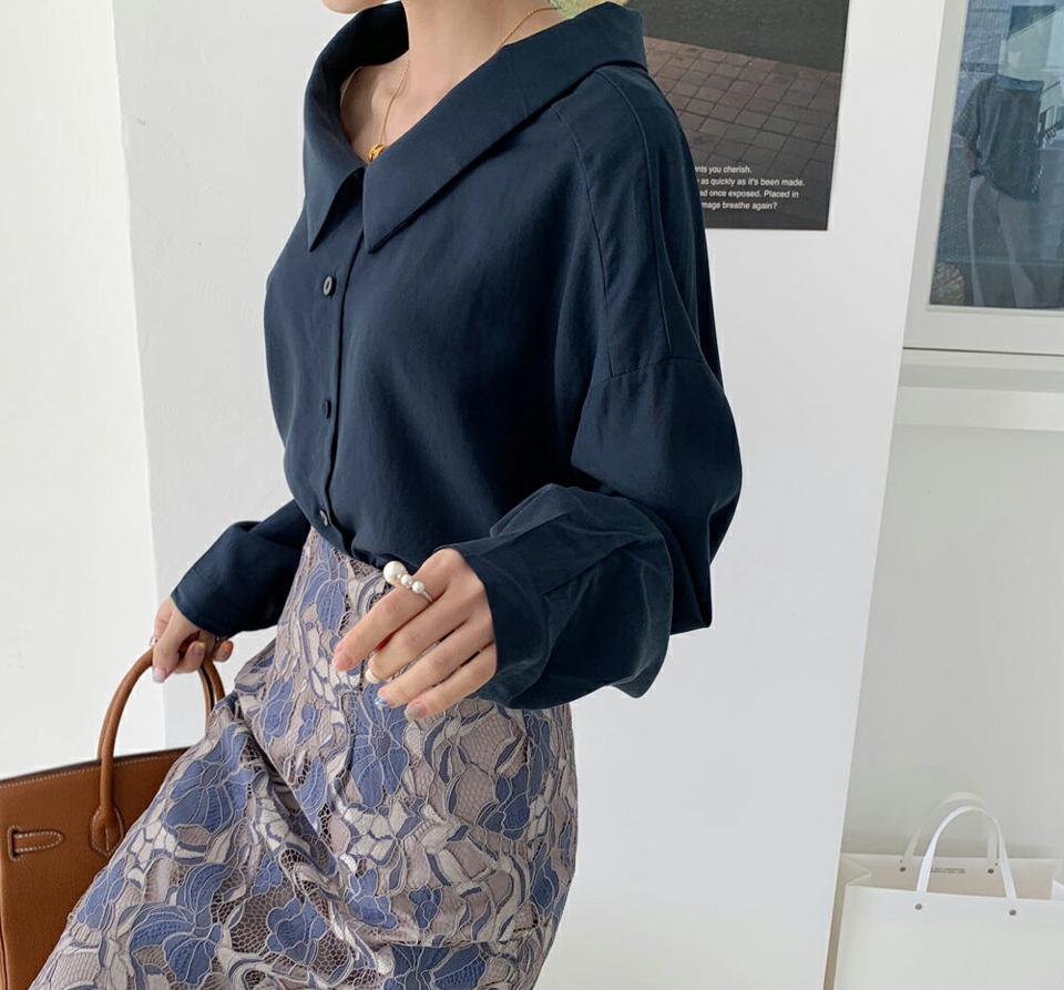 カラーネックボタンシャツブラウス・全3色・t70013 レディース 【bl】トップス ブラウス 長袖 デコルテ 鎖骨 単色 無地 大人 春 秋 韓国ファッション ハイホリHIHOLLI