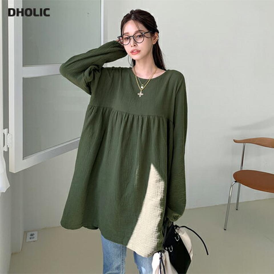 ラウンドネックフレアブラウス・全4色・t70016 レディース 【bl】トップス ブラウス 長袖 フレア ロング丈 単色 無地 シンプル 大人 カジュアル 体型カバー ギャザー 春 秋 韓国 ファッション ハイホリHIHOLLI