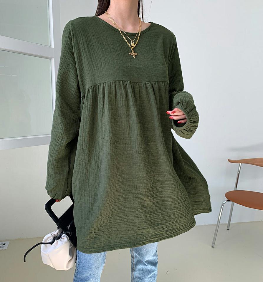 ラウンドネックフレアブラウス・全4色・t70016 レディース 【bl】トップス ブラウス 長袖 フレア ロング丈 単色 無地 シンプル 大人 カジュアル 体型カバー ギャザー 春 秋 韓国 ファッション ハイホリHIHOLLI