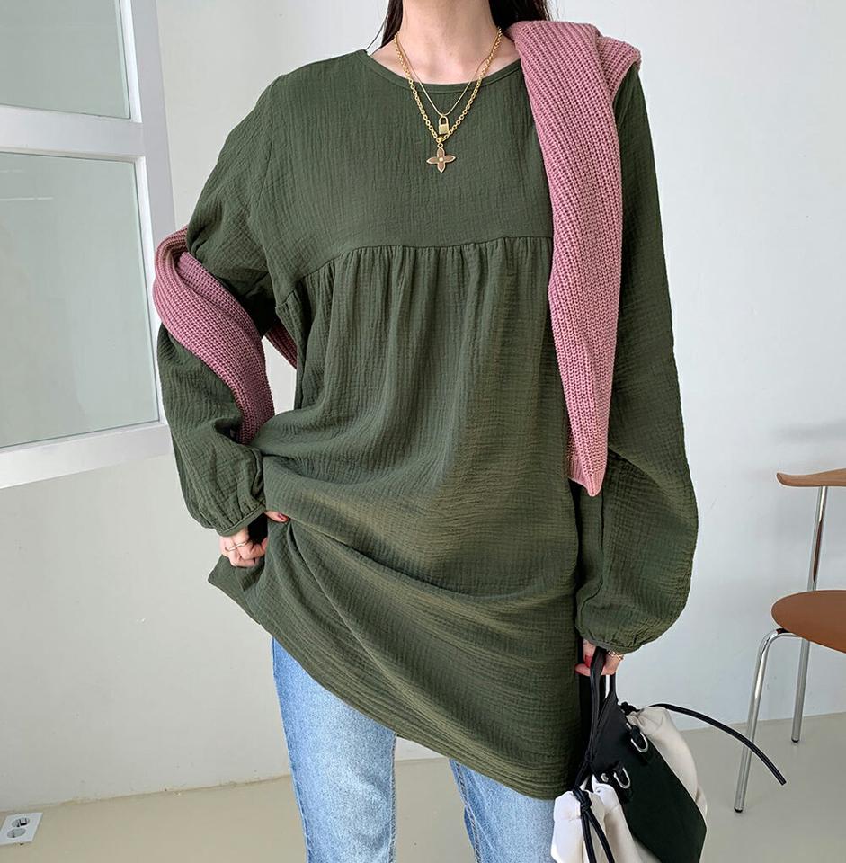 ラウンドネックフレアブラウス・全4色・t70016 レディース 【bl】トップス ブラウス 長袖 フレア ロング丈 単色 無地 シンプル 大人 カジュアル 体型カバー ギャザー 春 秋 韓国 ファッション ハイホリHIHOLLI