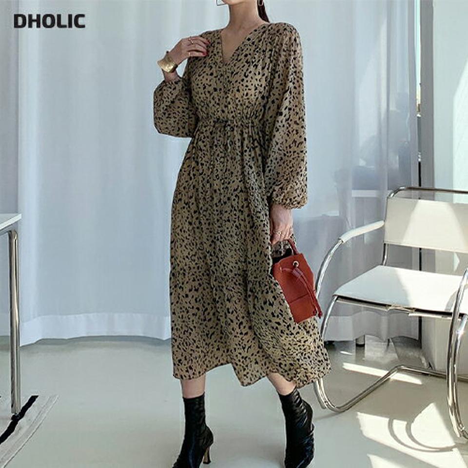 即日配送 レオパードドロストワンピース・全2色・b70021 レディース 【ops】ワンピース 長袖 レオパード柄 ヒョウ柄 ひょう柄 豹柄 アニマル柄 ドロスト かわいい 大人 春 秋 韓国ファッション ハイホリHIHOLLI