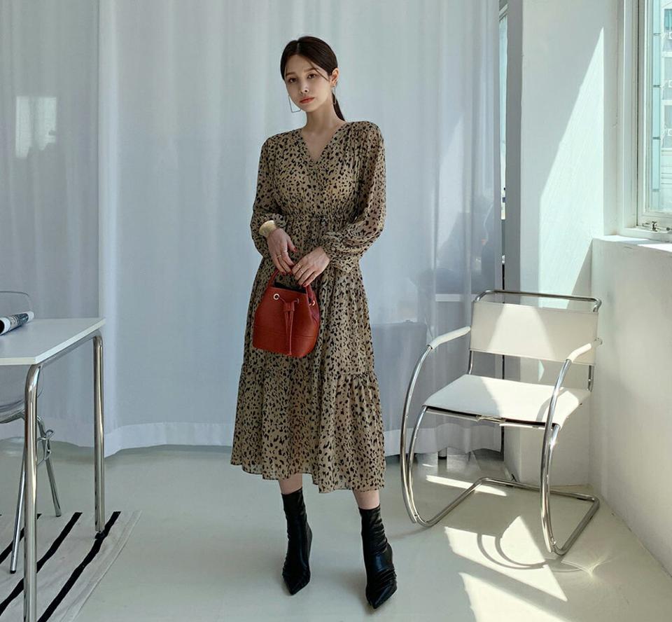 即日配送 レオパードドロストワンピース・全2色・b70021 レディース 【ops】ワンピース 長袖 レオパード柄 ヒョウ柄 ひょう柄 豹柄 アニマル柄 ドロスト かわいい 大人 春 秋 韓国ファッション ハイホリHIHOLLI