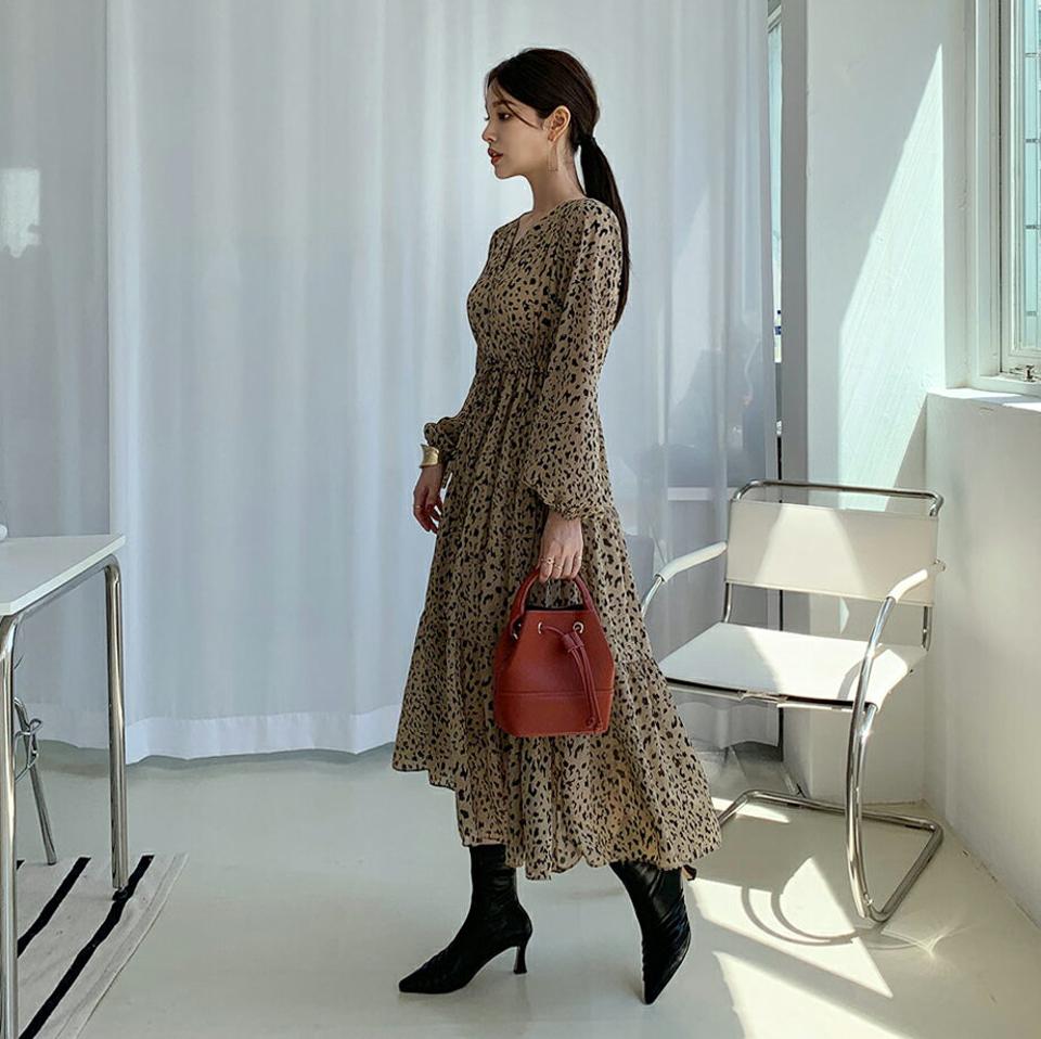 即日配送 レオパードドロストワンピース・全2色・b70021 レディース 【ops】ワンピース 長袖 レオパード柄 ヒョウ柄 ひょう柄 豹柄 アニマル柄 ドロスト かわいい 大人 春 秋 韓国ファッション ハイホリHIHOLLI