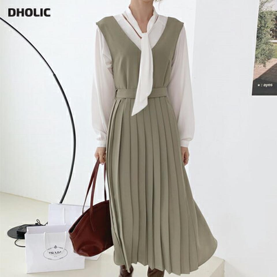 ベルト付プリーツワンピース・全3色・t70025 レディース 【ops】ワンピース スリーブレス ノースリーブ プリーツ 単色 シンプル フェミニン レイヤード かわいい 上品 大人 春 秋 韓国ファッション ハイホリHIHOLLI