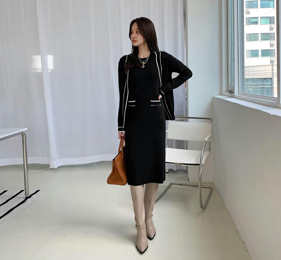 配色ニットカーデ&ワンピースSET・全1色・b70032 レディース 【ops】ワンピース ミディ丈 ミディワンピース カーディガン 羽織物 長袖 ニット 配色 大人 セット 春 秋 韓国ファッション ハイホリHIHOLLI