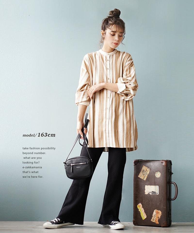 ブラウス / 様々な着こなしが叶う ビッグシャツ。 レディース トップス シャツ 長袖 長そで バンドカラー 総柄 ストライプ柄 前開き 羽織り サイドスリット ラウンドヘム 綿100％ コットン 大きいサイズ ゆったり 冬 春 【メール便可22】◆ストライプクレリック ビッグシャツ
