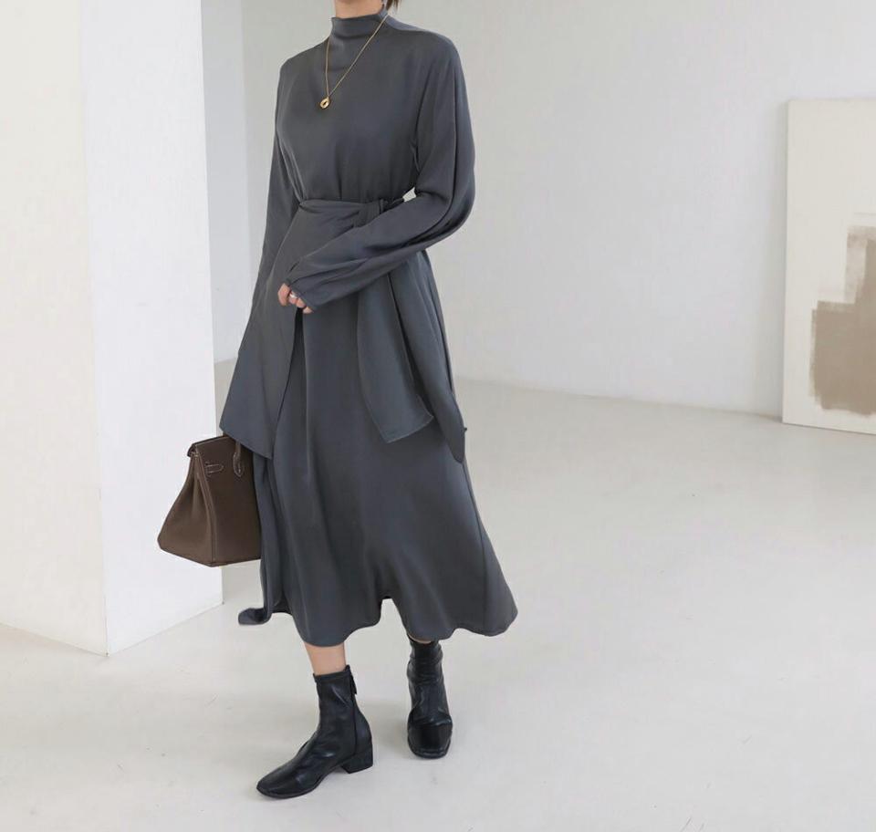 即日配送 ストラップ付ハイネックロングワンピース・全3色・t00313 レディース 【ops】ワンピース ロング 長袖 ハイネック ストラップ 単色 無地 シンプル 大人 カジュアル 春 秋 韓国ファッション ハイホリHIHOLLI