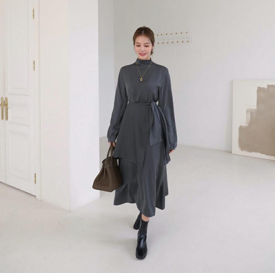 即日配送 ストラップ付ハイネックロングワンピース・全3色・t00313 レディース 【ops】ワンピース ロング 長袖 ハイネック ストラップ 単色 無地 シンプル 大人 カジュアル 春 秋 韓国ファッション ハイホリHIHOLLI