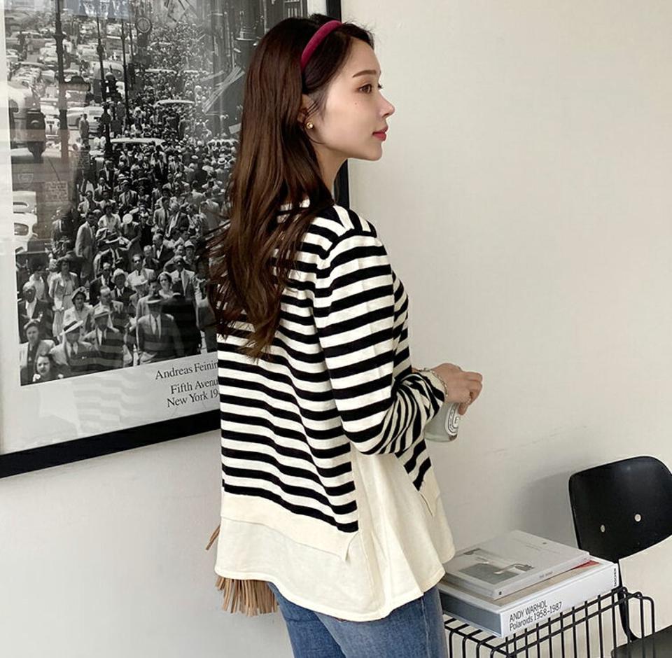【只今10%OFF】ボーダーダブルヘムニット・全4色・t00294 レディース 【tops】トップス ニット 長袖 ボーダー柄 カジュアル ラフ 春 秋 韓国ファッション ハイホリHIHOLLI【ニットセール】