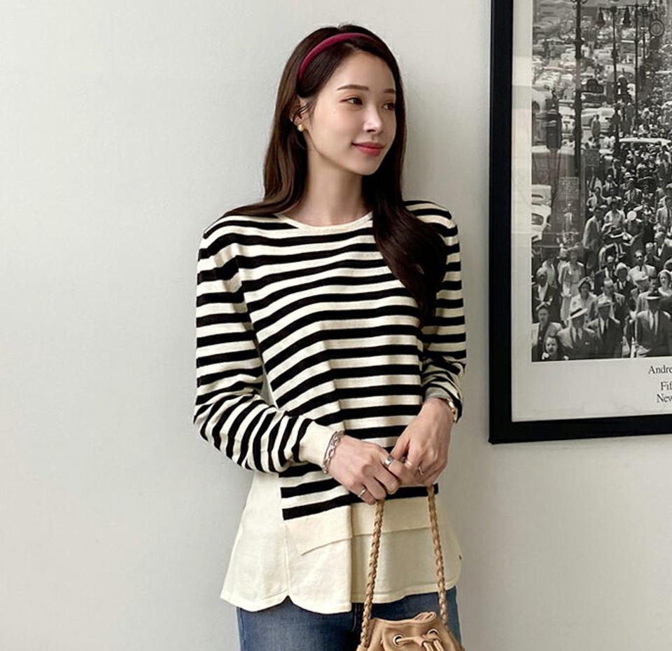 【只今10%OFF】ボーダーダブルヘムニット・全4色・t00294 レディース 【tops】トップス ニット 長袖 ボーダー柄 カジュアル ラフ 春 秋 韓国ファッション ハイホリHIHOLLI【ニットセール】