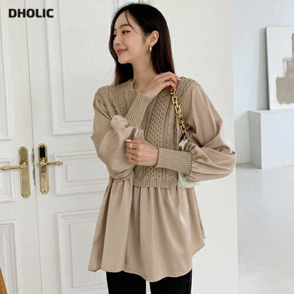 【今だけこの価格】ニットレイヤード風ブラウス・全2色・b58112 レディース 【bl】韓国ファッション トップス ブラウス 長袖 大人 ラウンドネック ケーブル ニット ベスト レイヤード風 サテン 光沢 上品 フェミニン カジュアル 秋 春 セール