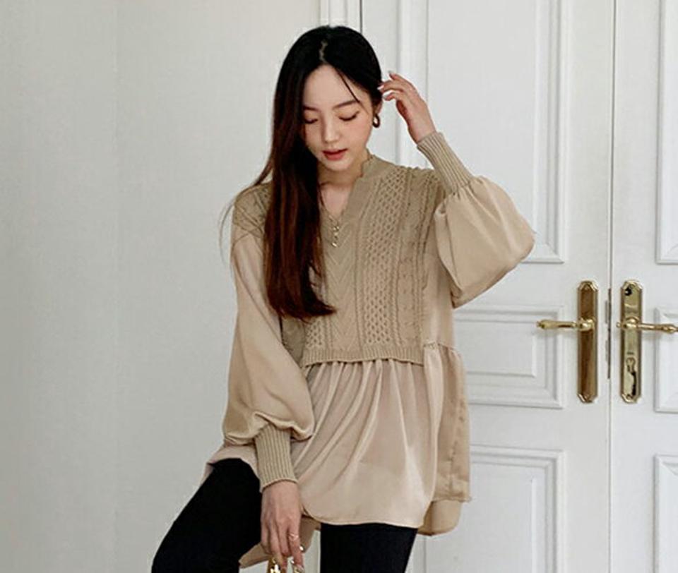 【今だけこの価格】ニットレイヤード風ブラウス・全2色・b58112 レディース 【bl】韓国ファッション トップス ブラウス 長袖 大人 ラウンドネック ケーブル ニット ベスト レイヤード風 サテン 光沢 上品 フェミニン カジュアル 秋 春 セール