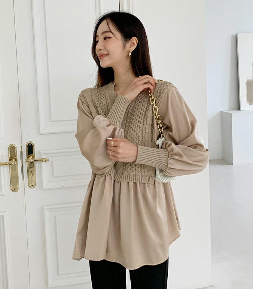 【今だけこの価格】ニットレイヤード風ブラウス・全2色・b58112 レディース 【bl】韓国ファッション トップス ブラウス 長袖 大人 ラウンドネック ケーブル ニット ベスト レイヤード風 サテン 光沢 上品 フェミニン カジュアル 秋 春 セール