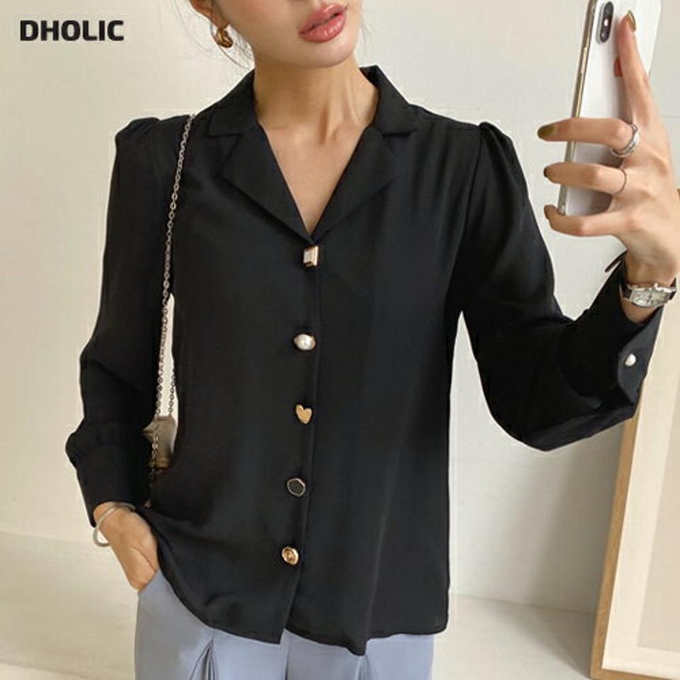 ジュエリーディテールボタンブラウス・全3色・b00297 レディース 【bl】トップス ブラウス 長袖 単色 シンプル 大人 パールボタン 春 秋 韓国ファッション ハイホリHIHOLLI