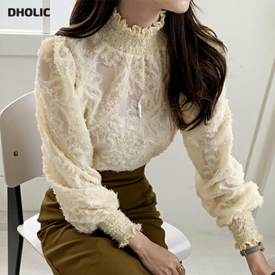 シャーリングテクスチャーブラウス・全3色・b00298 レディース 【bl】トップス ブラウス 長袖 シャーリング ハイネック 襟コン フェミニン 上品 雰囲気 ハーフネック 春 秋 もこもこ ふわふわ 韓国ファッション ハイホリHIHOLLI