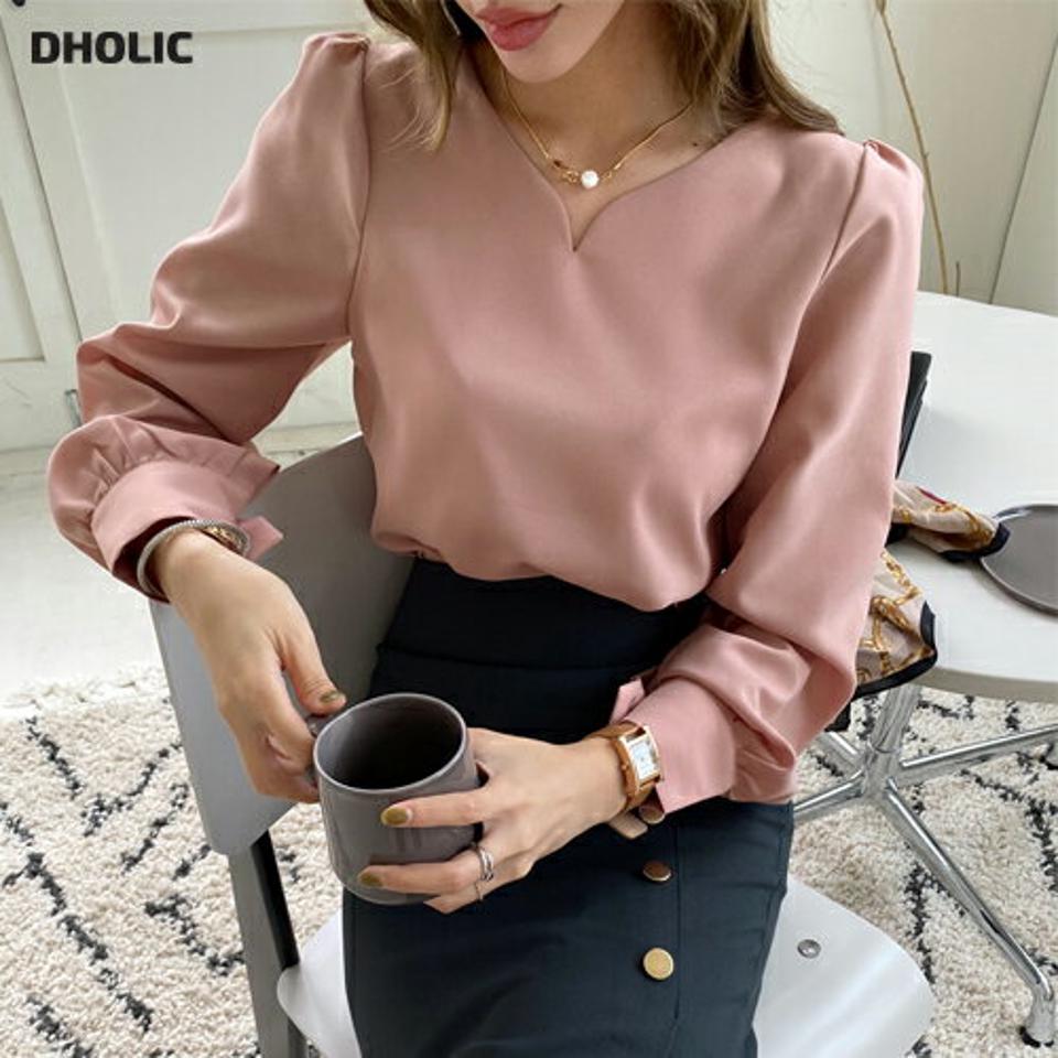 【10%OFF】スリットネックブラウス・全3色・b00308 レディース 【bl】トップス ブラウス 長袖 スリットネック 単色 無地 シンプル フェミニン きれいめ 大人 オフィスカジュアル ギャザー 春 秋 韓国ファッション ハイホリHIHOLLI【blセール】