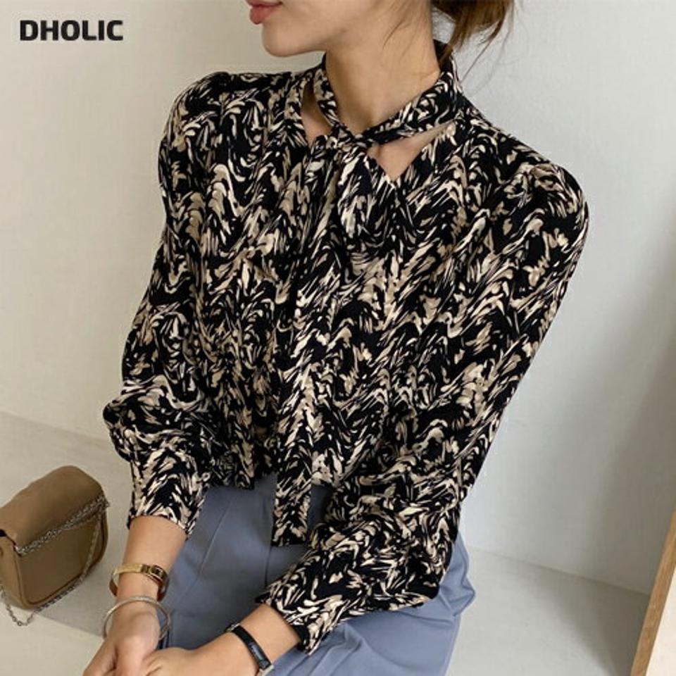 リボンネックパターンブラウス・全2色・b00301 レディース 【bl】トップス ブラウス 長袖 りぼん 総柄 大人 Vネック モダン シック 春 秋 韓国 ファッション ハイホリHIHOLLI