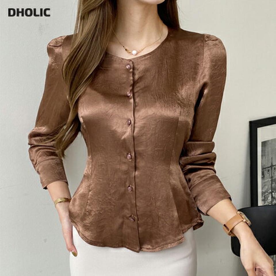 サテンボタンブラウス・全3色・b00303 レディース 【bl】トップス ブラウス 長袖 サテン 単色 無地 シンプル フェミニン 光沢 春 秋 韓国 ファッション ハイホリHIHOLLI