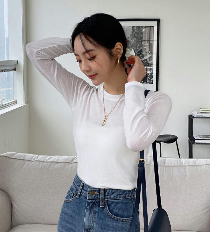 ラウンド長袖Tシャツ・全6色・b58106 レディース 【tops】韓国ファッション トップス Tシャツ 長袖 シンプル ラウンドネック フィット タイト スリム ベーシック デイリー 細身 フェミニン 秋 春