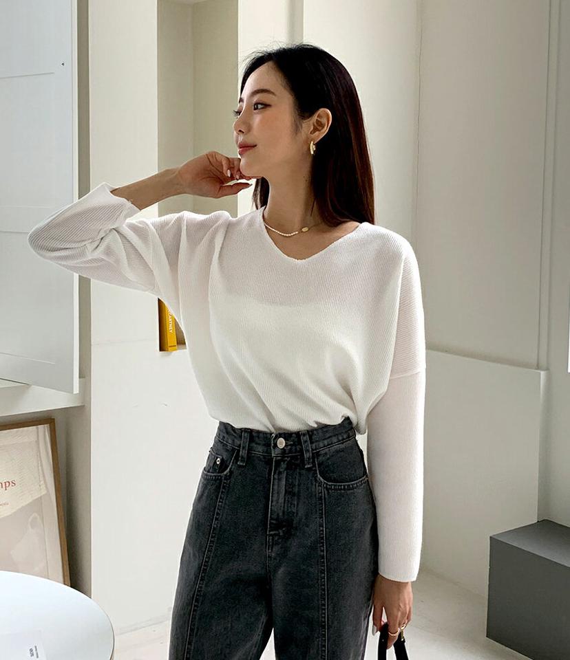 VネックルーズリブTシャツ・全8色・t58107 レディース 【tops】韓国ファッション トップス Tシャツ 長袖 シンプル Vネック ドロップショルダー ルーズ ゆったり スリム ベーシック デイリー フェミニン 秋 春