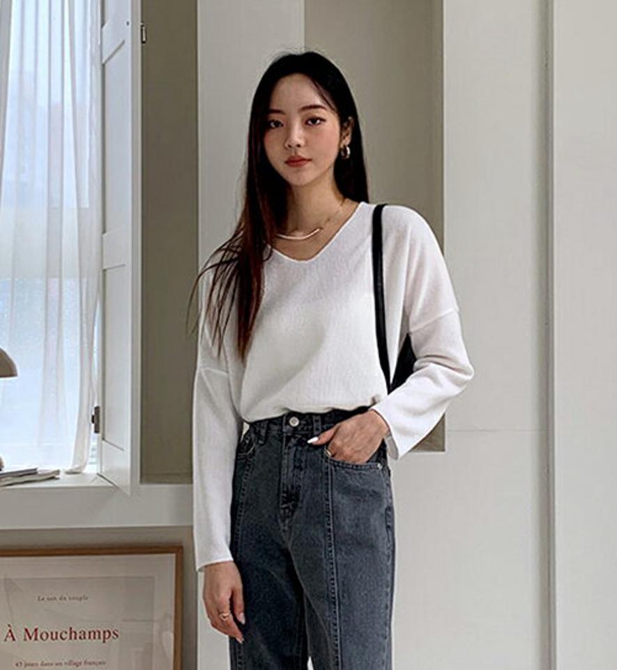 VネックルーズリブTシャツ・全8色・t58107 レディース 【tops】韓国ファッション トップス Tシャツ 長袖 シンプル Vネック ドロップショルダー ルーズ ゆったり スリム ベーシック デイリー フェミニン 秋 春