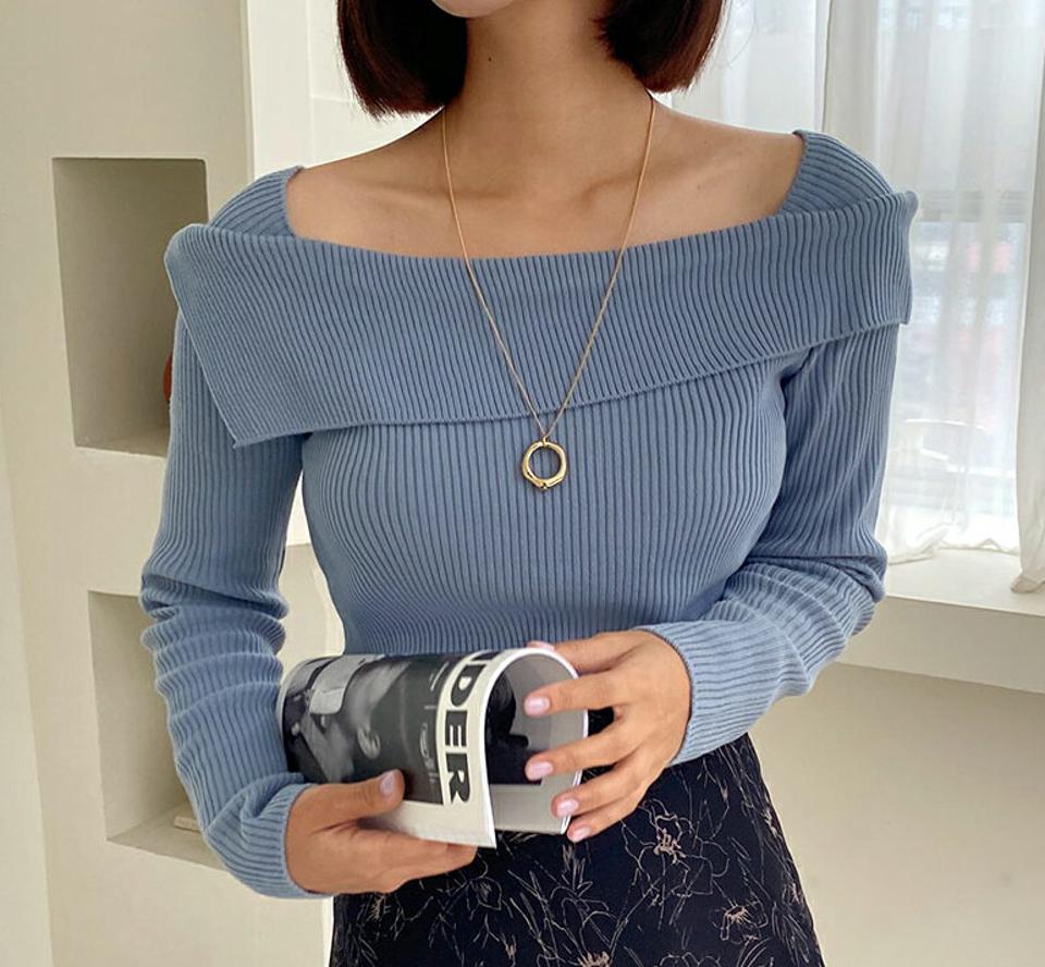 【タイム特価】リブオフショル風ニット・全4色・t58140 レディース 【tops】韓国ファッション トップス ニット 長袖 オフショル風 デコルテ リブ 大人 シンプル 細身 体型カバー フェミニン 上品 スリム フィット タイト 秋 春【TS】