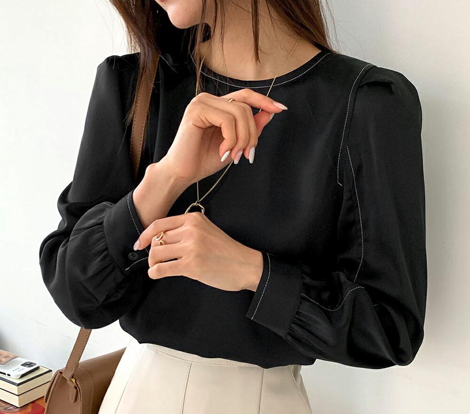 ステッチカフスパフブラウス・全3色・t58114 レディース 【bl】韓国ファッション トップス ブラウス 長袖 大人 ラウンドネック サテン 光沢 上品 ステッチ タック パフスリーブ フェミニン カジュアル 秋 春
