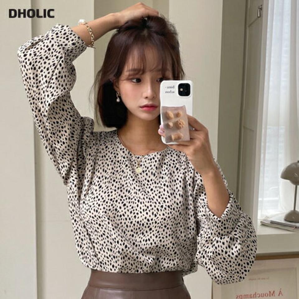 即日配送【只今30%OFF】レオパードパターンブラウス・全3色・t58115 レディース 【bl】韓国ファッション トップス ブラウス 長袖 大人 ラウンドネック ボリューム レオパード パターン 上品 フェミニン カジュアル 秋 春