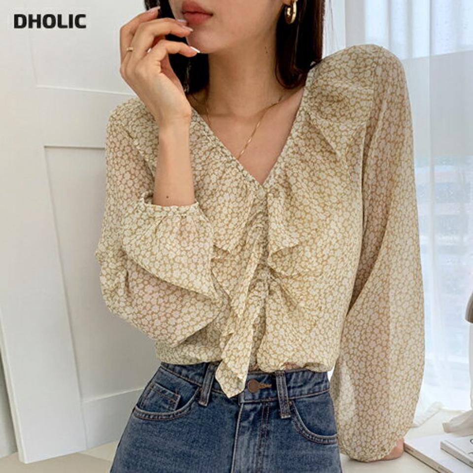 フリルフローラルブラウス・全2色・t58116 レディース 【bl】韓国ファッション トップス ブラウス 長袖 大人 フリル ボリューム フローラル パターン 花柄 Vネック 上品 フェミニン カジュアル 秋 春