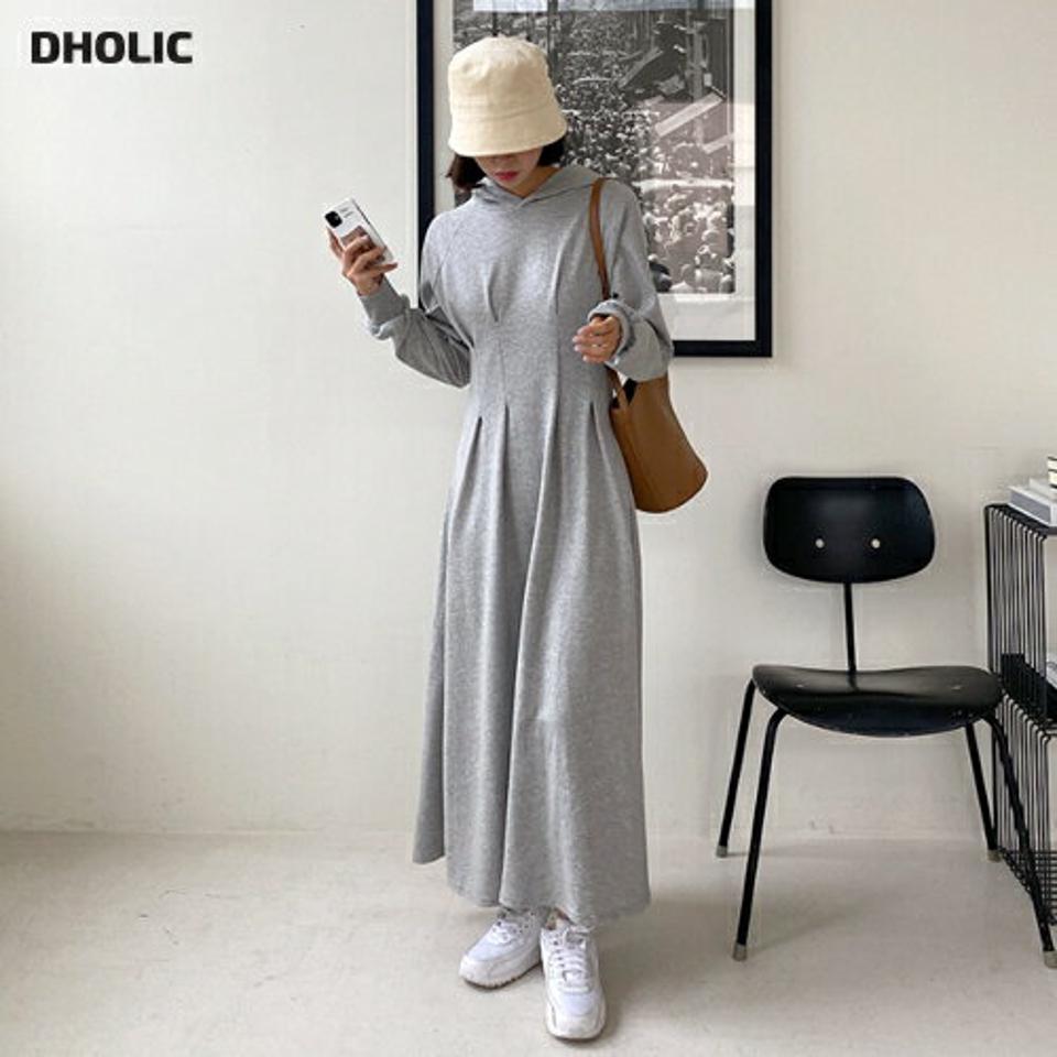 タックフードワンピース・全4色・b58118 レディース 【ops】韓国ファッション ワンピース ロング ロングワンピース 長袖 フード タック フレア Aライン マキシ カジュアル ワンマイルウェア 体型カバー 細身 秋 春