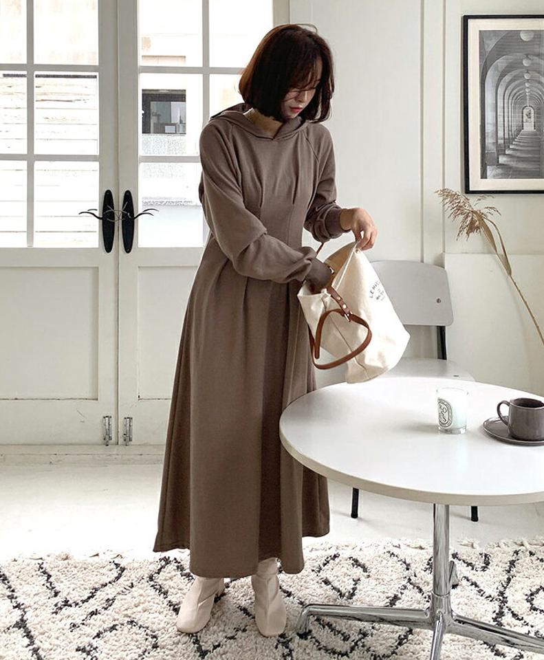 タックフードワンピース・全4色・b58118 レディース 【ops】韓国ファッション ワンピース ロング ロングワンピース 長袖 フード タック フレア Aライン マキシ カジュアル ワンマイルウェア 体型カバー 細身 秋 春