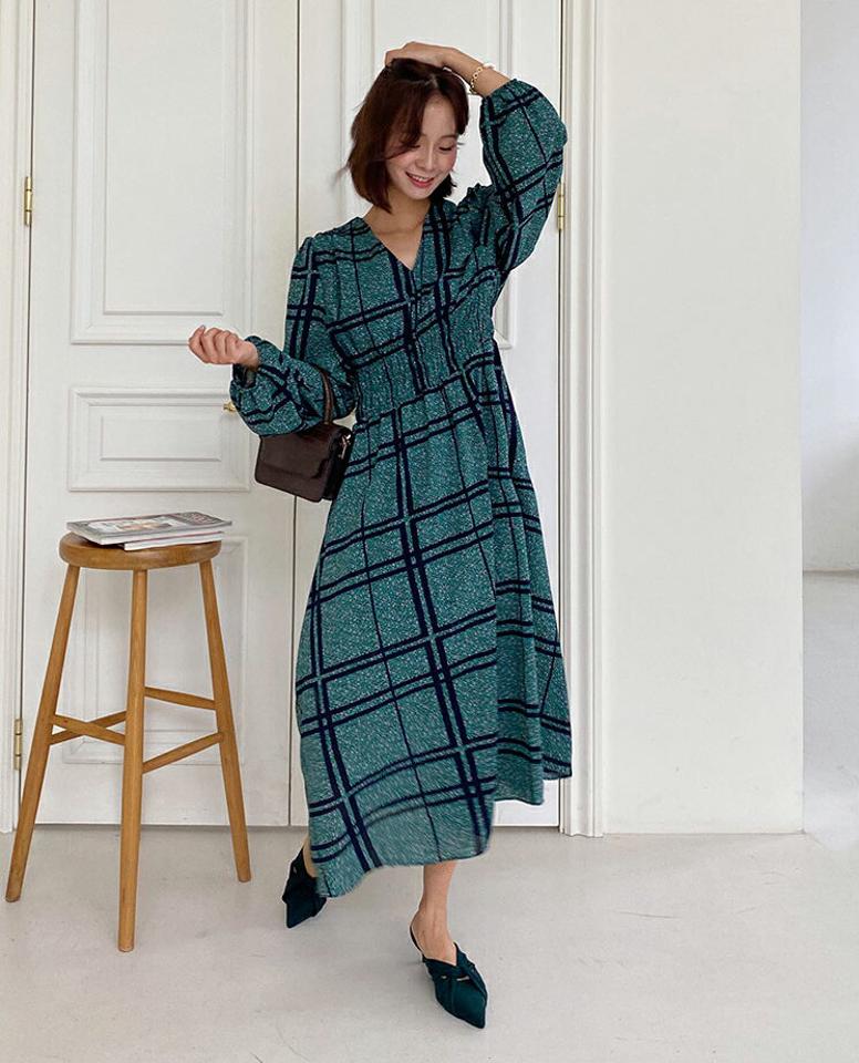 チェックレオパードロングワンピース・全3色・b58119 レディース 【ops】韓国ファッション ワンピース ロング ロングワンピース 長袖 レオパード パターン チェック柄 Vネック フレア Aライン 体型カバー 細身 秋 春